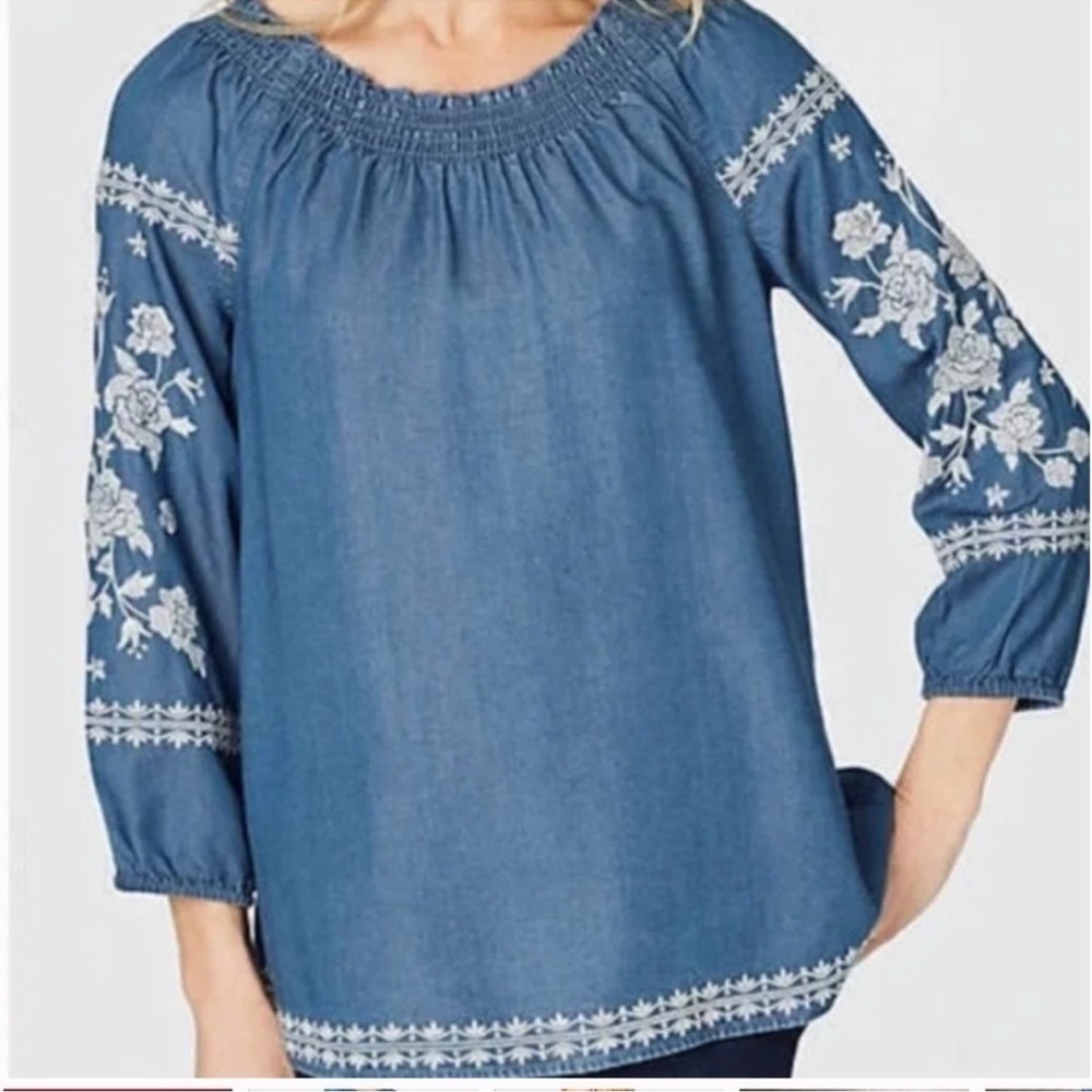 J. Jill Denim Chambray Embroidered Blouse